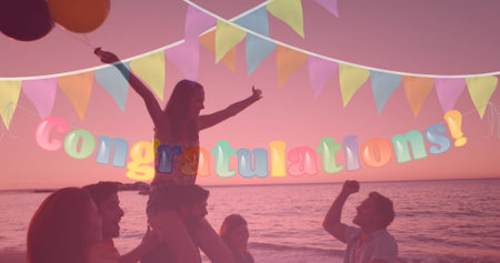 Image of congratulation text and bunting over friends having fun at beach party on pink. party and celebration concept digitally generated image.の写真素材