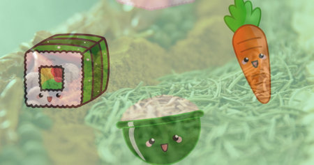 Image of illustration with vegetables and sushi over fresh food. healthy eating and lifestyle...