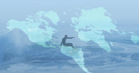 Image of world map and connections over caucasian male surfer surfing on waves. water sports, active...