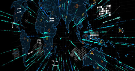 Image of network and data processing over world map. data network and global communication...