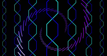 Abstract geometric shapes in neon colors create mesmerizing pattern. The dark background enhances...