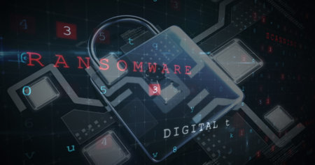 Digital lock icon with word RANSOMWARE in bold letters. Background shows dark interface with...
