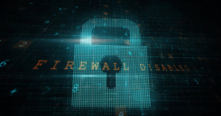 Digital lock icon with FIREWALL DISABLED text on screen. Green background showing matrix of numbers and data, indicating a cybersecurity themeの写真素材