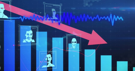 Digital faces and graphs on screen showing a downward trend. Blue background with red lines and data points creating a futuristic, analytical atmosphereの写真素材
