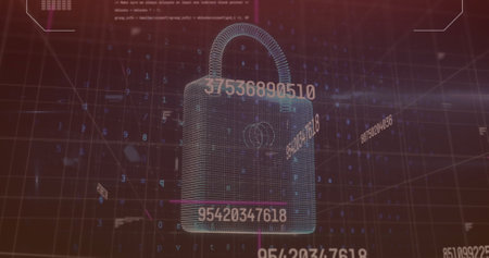 Digital lock graphic with numbers floating around, representing cybersecurity. Background features grid with various data points and codes, creating a high-tech atmosphereの写真素材