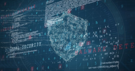 Digital shield with MALWARE DETECTED text and code fragments surrounding it. The background shows dark interface with various programming codes and security-related termsの写真素材
