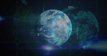 A digital representation of Earth with network of data and connections surrounding it. The dark...