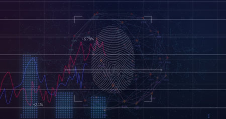 Digital fingerprint and data graphs displayed on screen. The background shows a futuristic interface...
