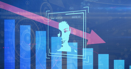 Digital interface showing user profile with a pixelated face on a screen. Background features...