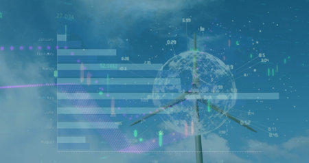 Digital data charts and graphs overlaying image of wind turbine. Sky with clouds and data points...