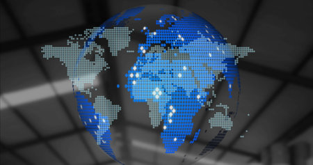 Digital globe displaying pixelated world map with blue and white dots. Blue background showing...