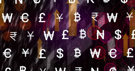 Various currency symbols are floating against dark, abstract background. Bright arrows and geometric patterns create a dynamic, financial-themed visualの写真素材
