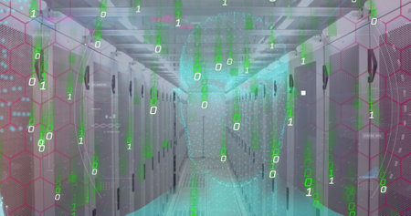 Rows of servers in data center with green binary code overlay. The futuristic digital concept...