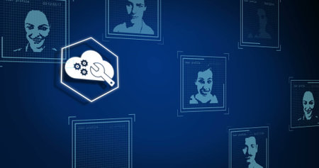 Digital profiles of diverse individuals displayed on blue background. Icons and graphics suggesting...