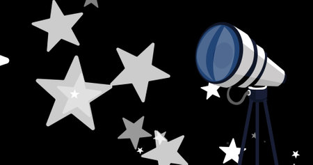 Image of multiple white stars falling and telescope on black background. Global science, research and data processing concept digitally generated image.の写真素材
