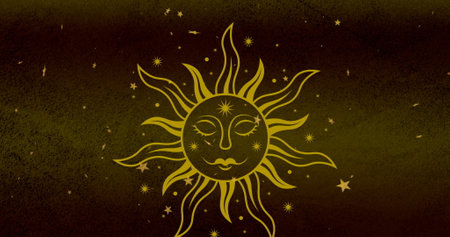 Image of stars over sun on brown background. Space, cosmos and nature concept digitally generated image.の写真素材