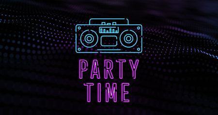 Image of party time text and spots over black background. Retro future and digital interface concept digitally generated image.の写真素材