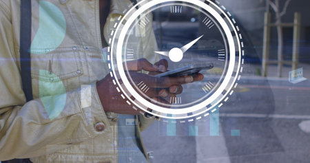 Image of clock and data processing over african american womanman using smartphone. Global business,...