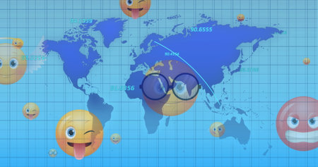 Image of world map with data processing over emoji icons on blue background. Global social media, computing and digital interface concept digitally generated image.の写真素材