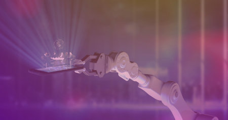 Image of colorful light over robotic hand holding smartphone. Global technology, computing and digital interface concept digitally generated image.の写真素材