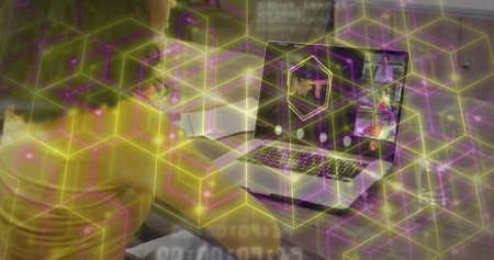 Image of connections and data processing over woman using laptop. global connections, business, finance, computing and data processing concept digitally generated image.の写真素材