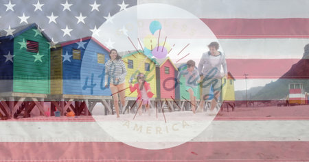 Independence text and american flag waving against caucasian family running on the beach. american independence and celebration conceptの写真素材