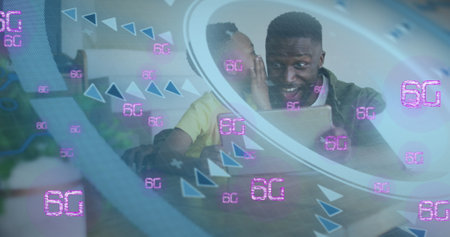 Image of scan scope over african american father and son using laptop. Global connections and data...