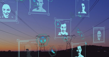 Image of biometric photos and data processing over electricity line. Global connections, business, finances, computing and data processing concept digitally generated image.の写真素材
