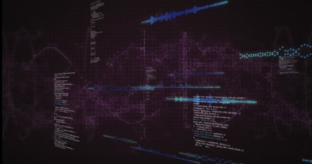 Image of data processing over purple digital wave against purple background. Computer interface and...
