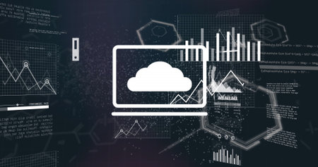 Image of multiple graphs over dna helix and computer language against black background. Digitally generated, hologram, report, business, medical, molecule, coding, healthcare and technology.の写真素材