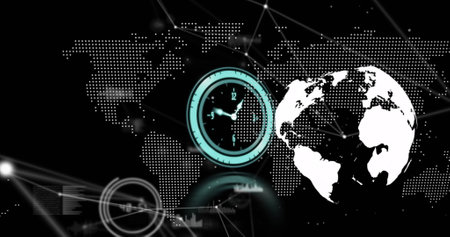 Image of neon ticking clock and network of connections against world map and spinning globe. Global networking and business technology conceptの写真素材