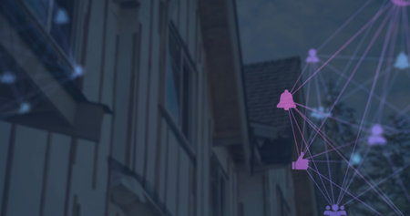 Image of connected icons forming globes over low angle view of modern houses against sky. Digital composite, multiple exposure, communication, globalization, notification and architecture.の写真素材