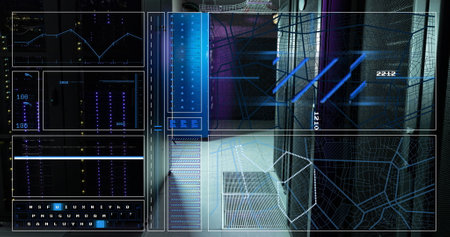 Image of interface with data processing against computer server room. Computer interface and...