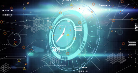 Image of neon ticking clock and round scanner over network of connections and data processing....