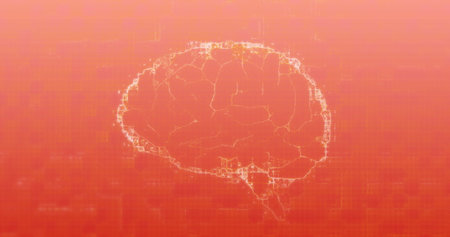 Image of human brain spinning on orange background. Global science, computing and data processing...
