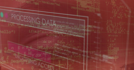 Image of interface with data processing against close up of a female eye. Cyber security and business interface technology conceptの写真素材
