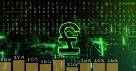 Image of pound currency sign and financial data processing over binary coding. Global business, finances, computing and data processing concept digitally generated image.の写真素材
