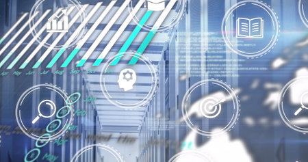 Image of icons and data processing with connections over computer server. Global networks, digital...