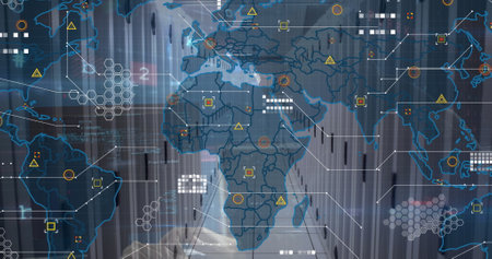 Image of cyber security data processing over world map against computer server room. Cyber security...