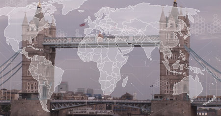 Image of world map and data processing against view of london bridge. Global networking and business technology conceptの写真素材