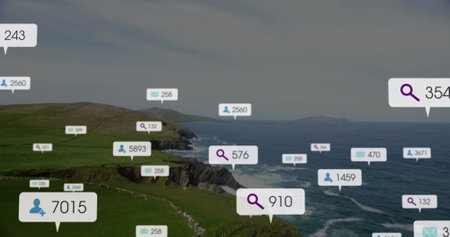 Image of social media icons and data processing over sea. Global business, finances, computing and...