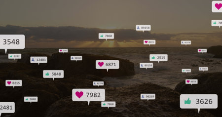 Image of social media data processing over landscape. Global social media, computing and data processing concept digitally generated image.の写真素材