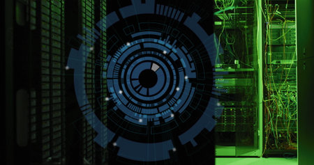 Image of spinning round scanners against computer server room. Computer interface and business data...