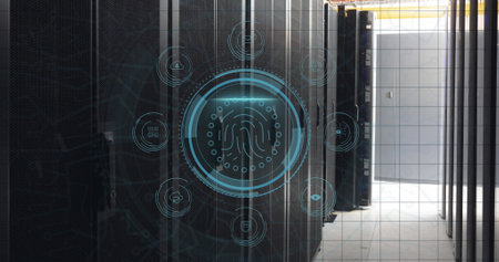 Image of digital icons and fingerprint biometric scanner against computer server room. Cyber security and business data storage technology conceptの写真素材