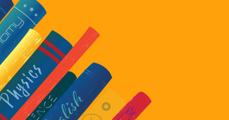 Image of books school icons and copy space over orange background. Global education, learning,...
