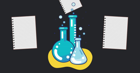 Image of chemistry and notebooks school icons on black background. Education, learning, school and data processing concept digitally generated image.の写真素材