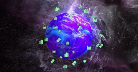 Image of network of connections with icons over globe. Global connections, computing and data...