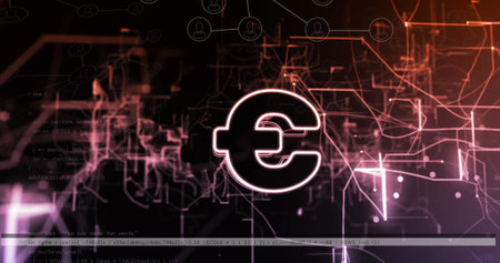 Image of vhs effect over euro symbol against data processing and glowing light trails. Global economy and business technology conceptの写真素材
