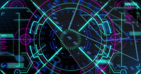 Image of scope scanning and data processing over black background. Global computing and data processing concept digitally generated image.の写真素材