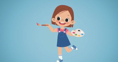 Image of happy schoolgirl with paints over blue background. Global education, computing and data processing concept digitally generated image.の写真素材